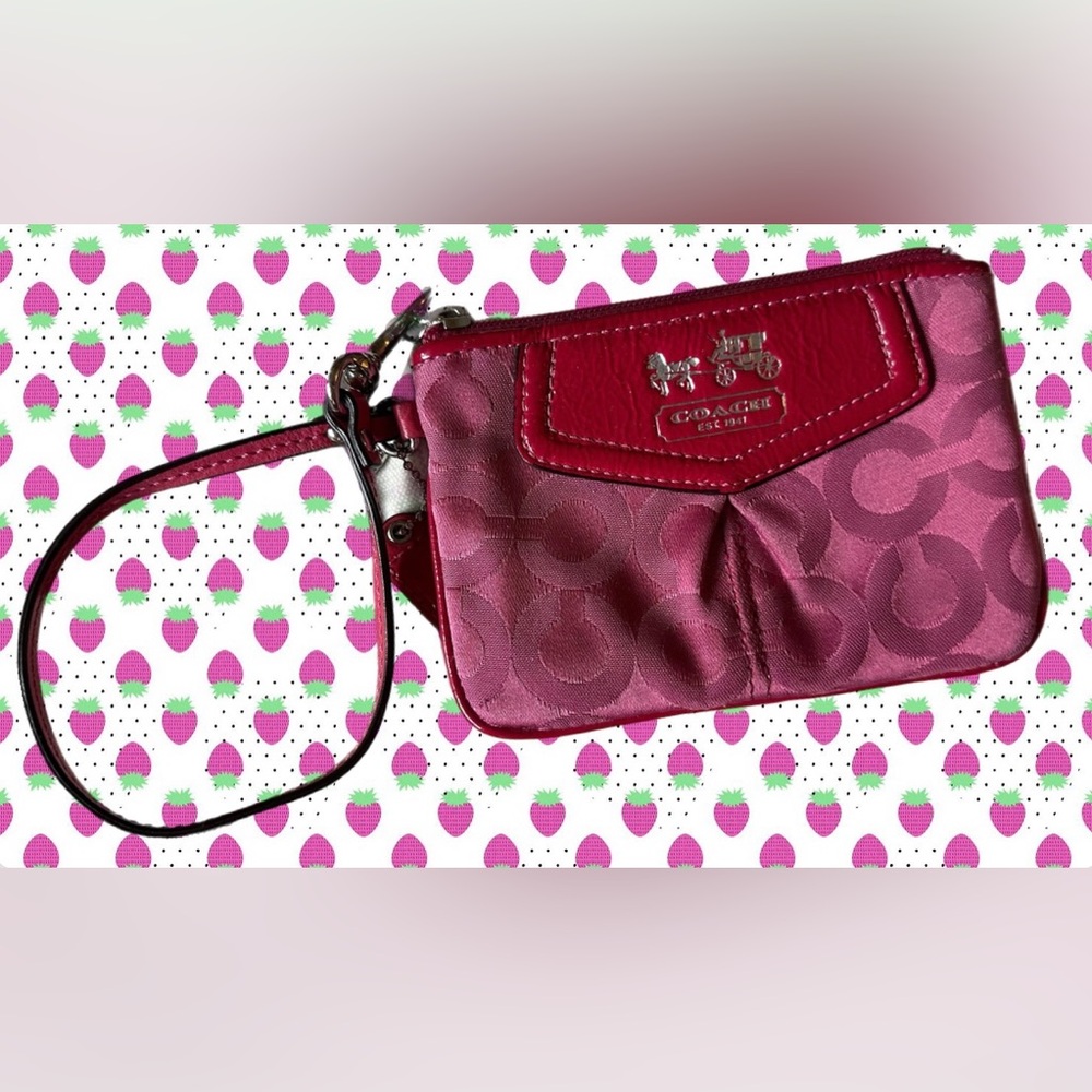COACH Raspberry Madison Op Art Jacquard C Wristlet with Patent Leather Trim